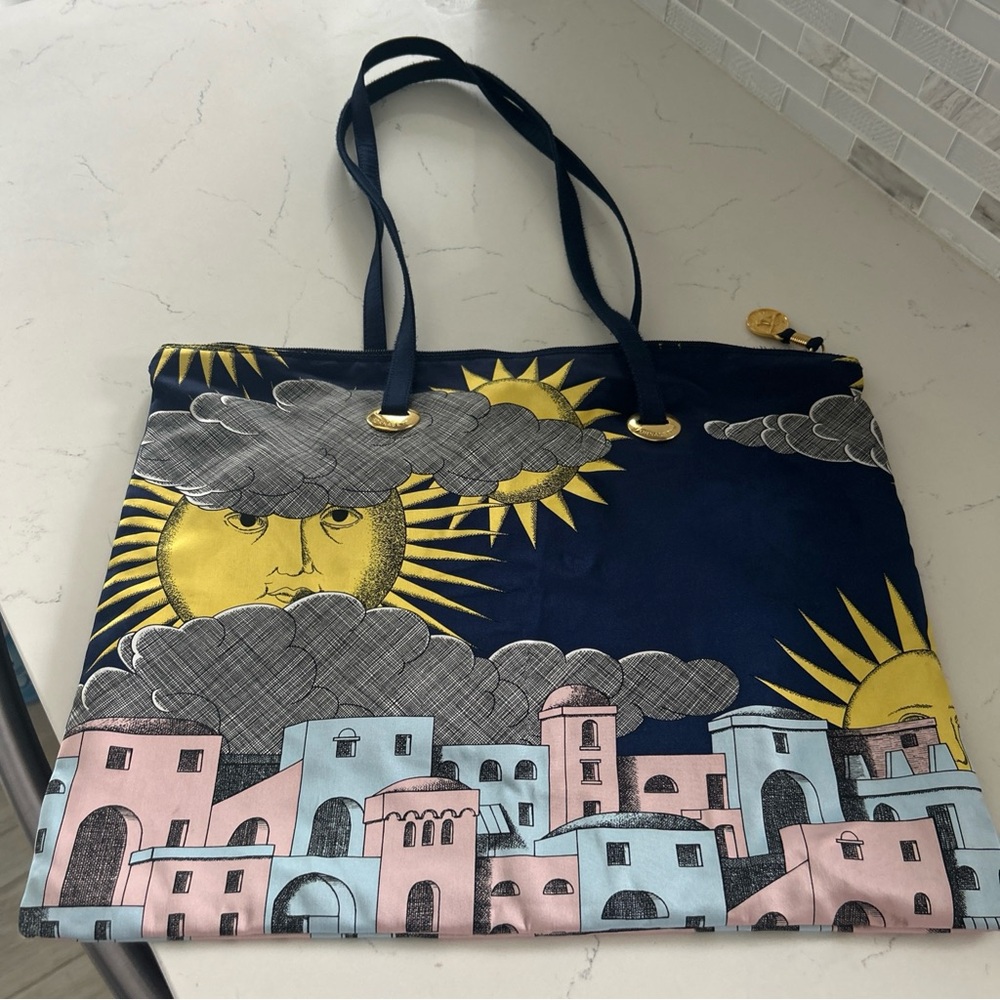 Authentic Fornasetti Silk Avant-Garde Tote Bag With Sun And Cityscape
